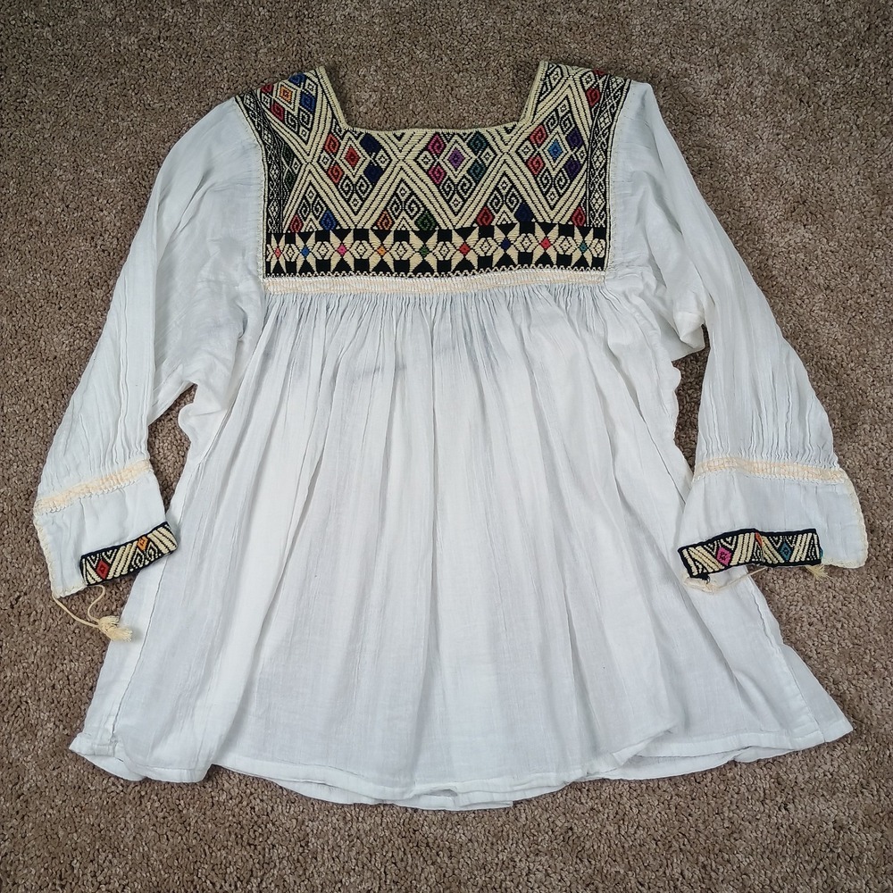Margot By Loren White Flowy Boho Hippie Babydoll Embroidery Dolman Top Large